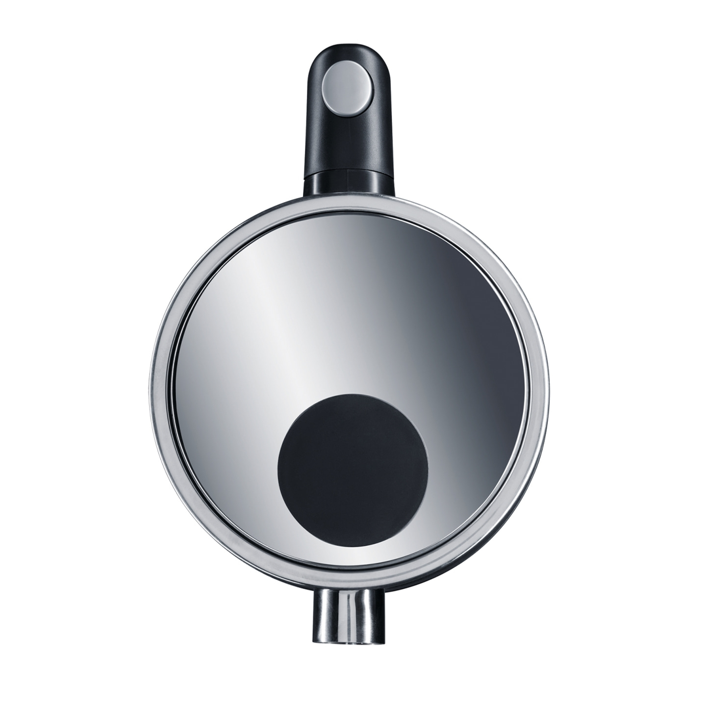 Topfdeckel aus Metall mit Griff und schwarzem Knopf, rund