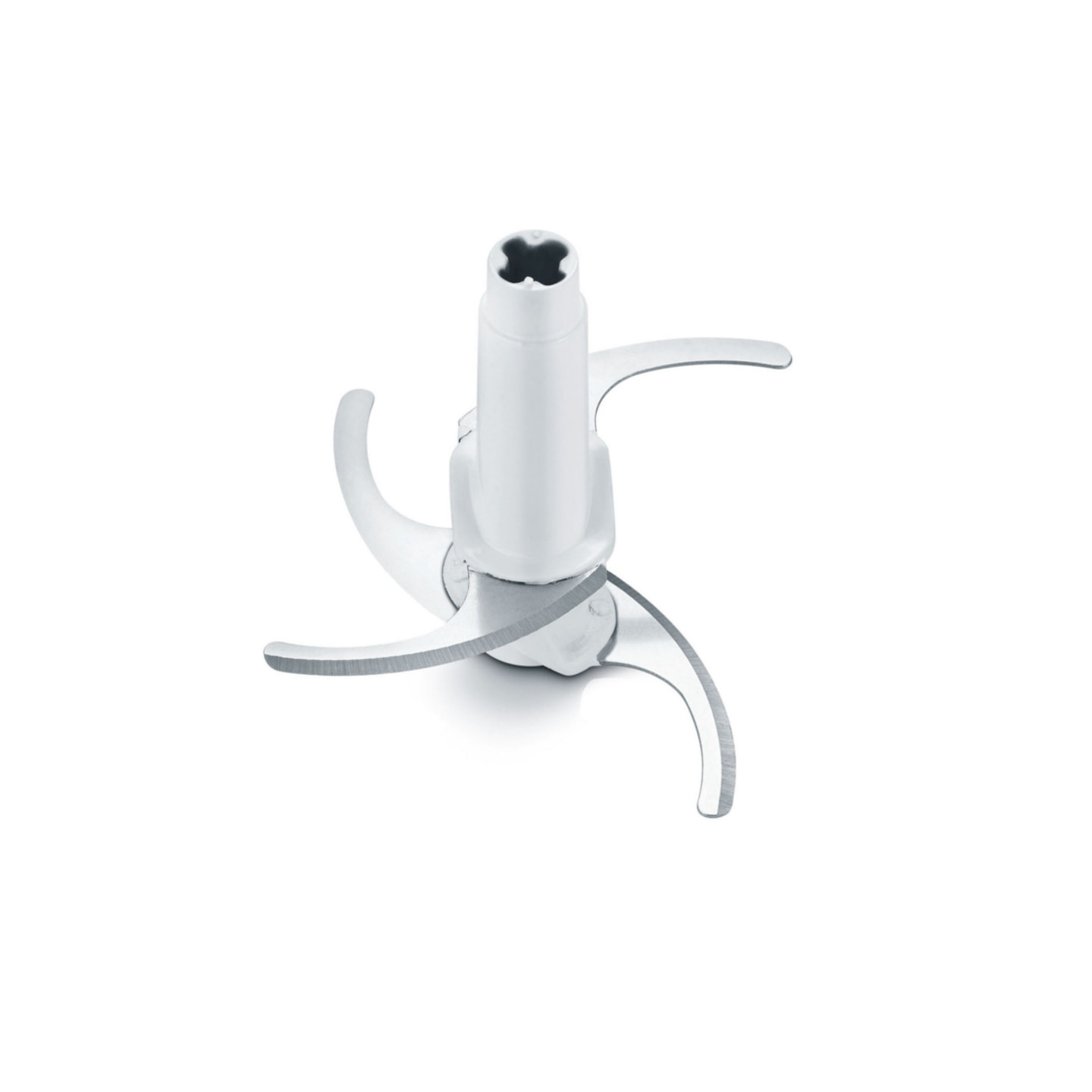 Close-up of a white food processor blade on a white background