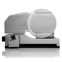 Silver meat slicer with round blade and black base, studio shot, isolated