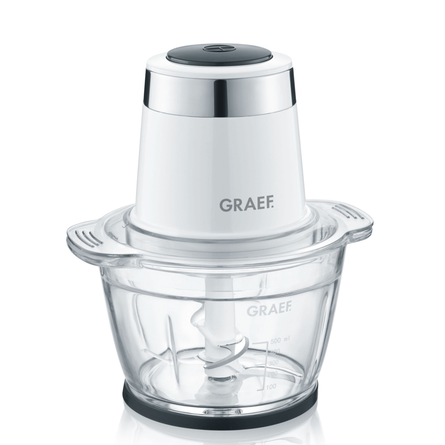 White electric food chopper with glass bowl and GRAEF logo, close-up shot.