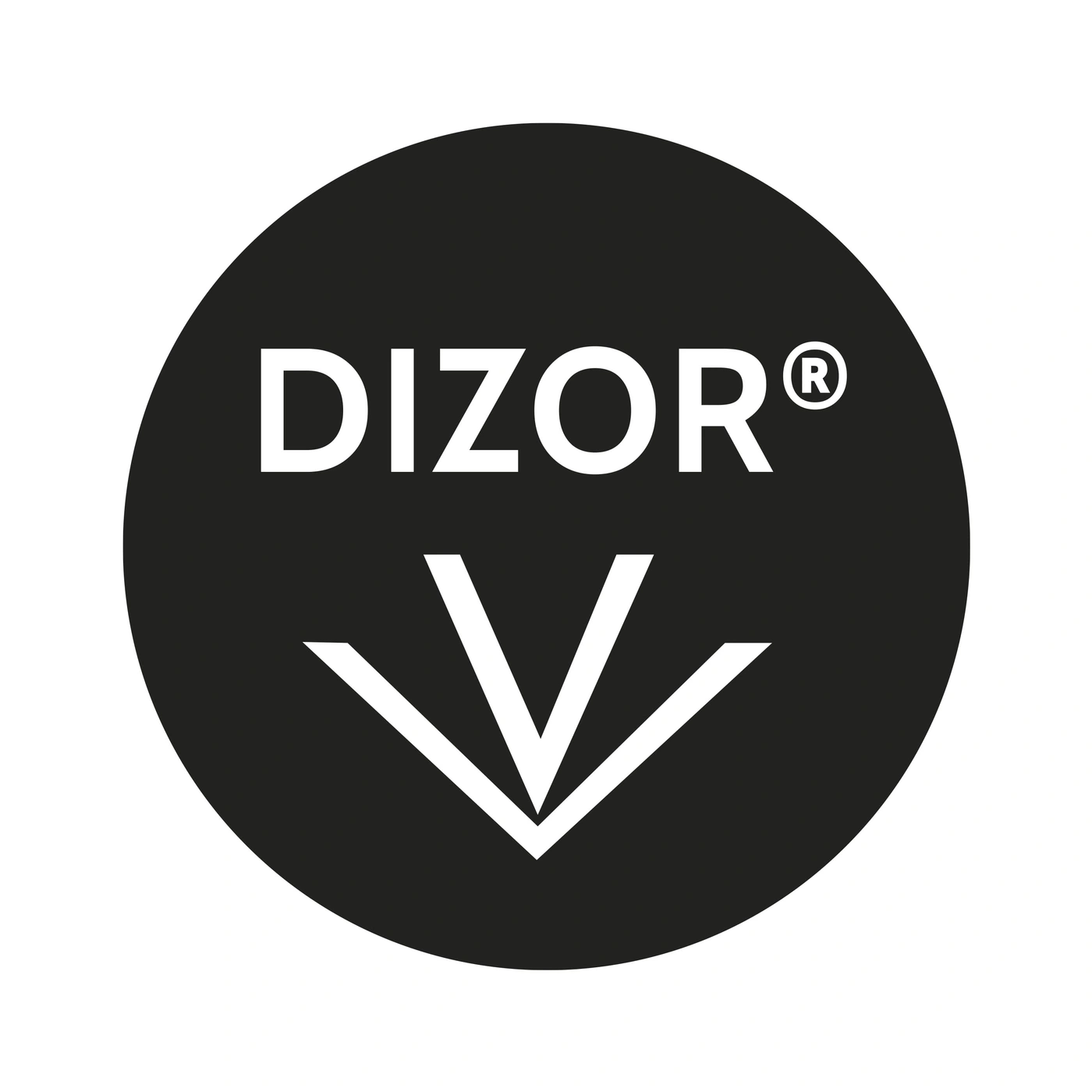 Dizor logo, black circle with white text and downward arrow symbol