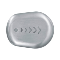 Graue ovale Taste mit Pfeilen und einem Punkt, Metalloberfläche