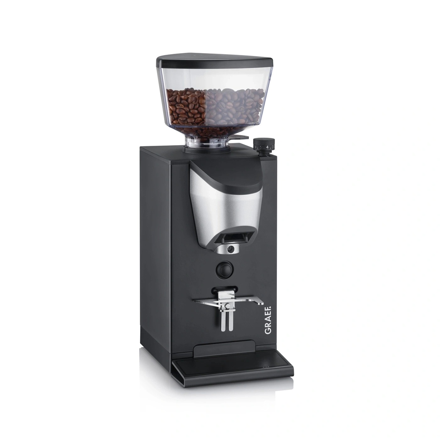 Schwarze Kaffeemühle mit Bohnenbehälter und GRAEF-Logo.
