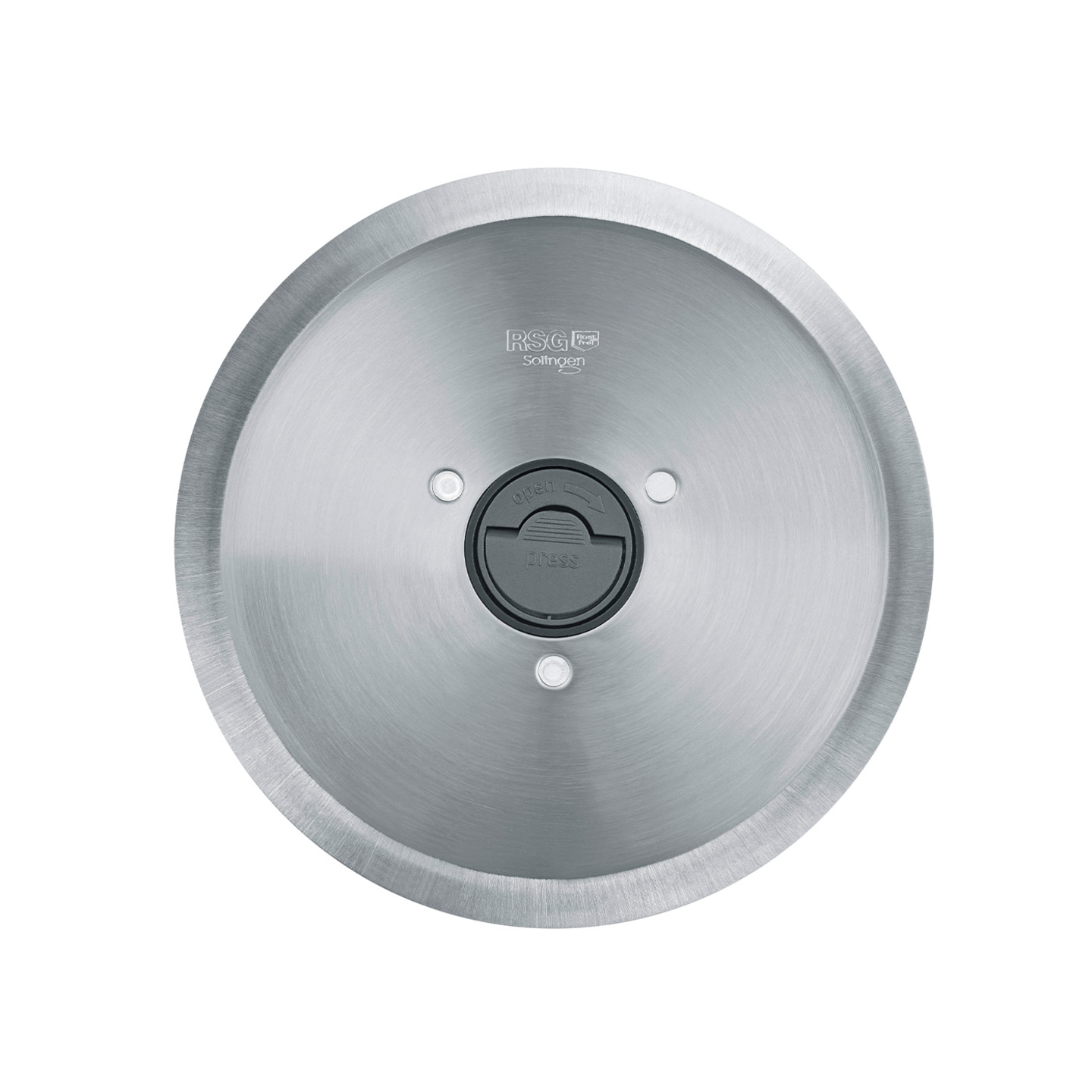 Kreisförmiges Küchengerät mit RSG Solingen-Logo und 'Open/Press'-Funktion.