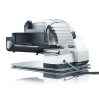 Elektrische Aufschnittmaschine, Edelstahl, weiß und schwarz, isoliert