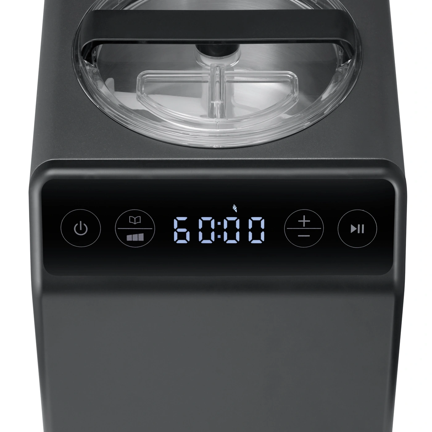 An ice cream maker with a digital timer and control buttons.