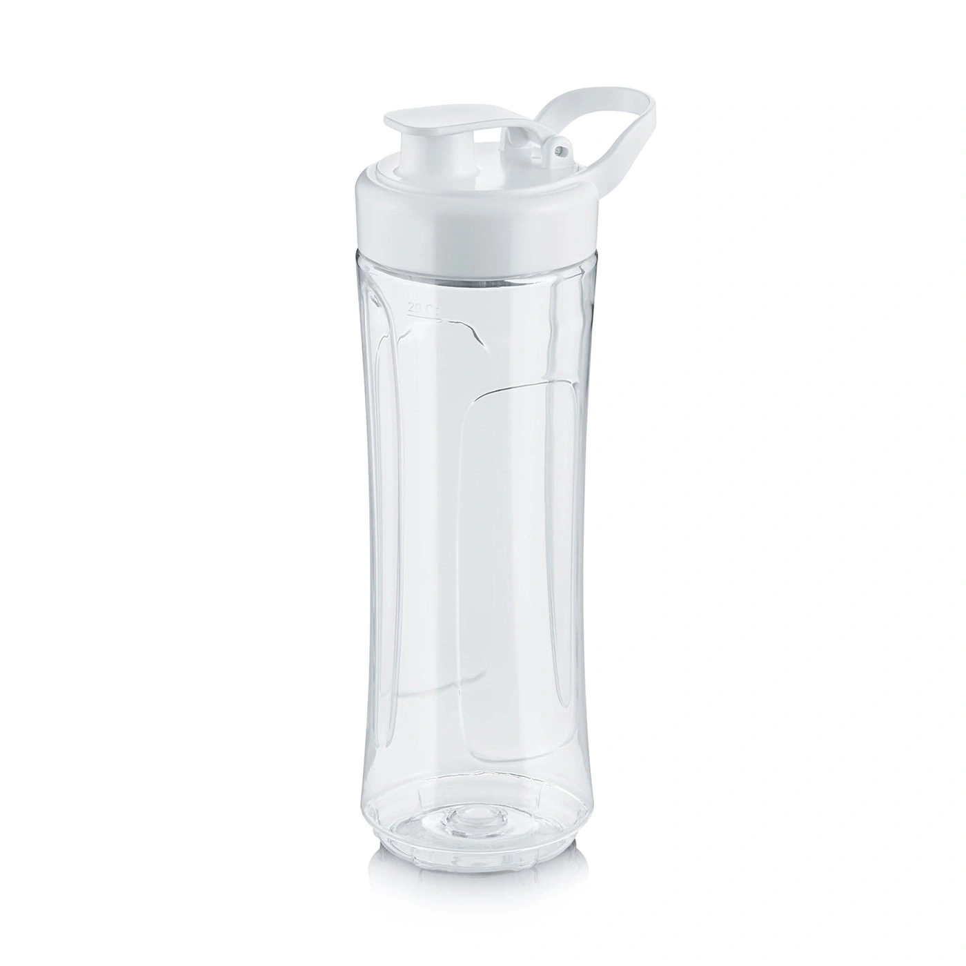Clear water bottle with white lid and handle, isolated on white background