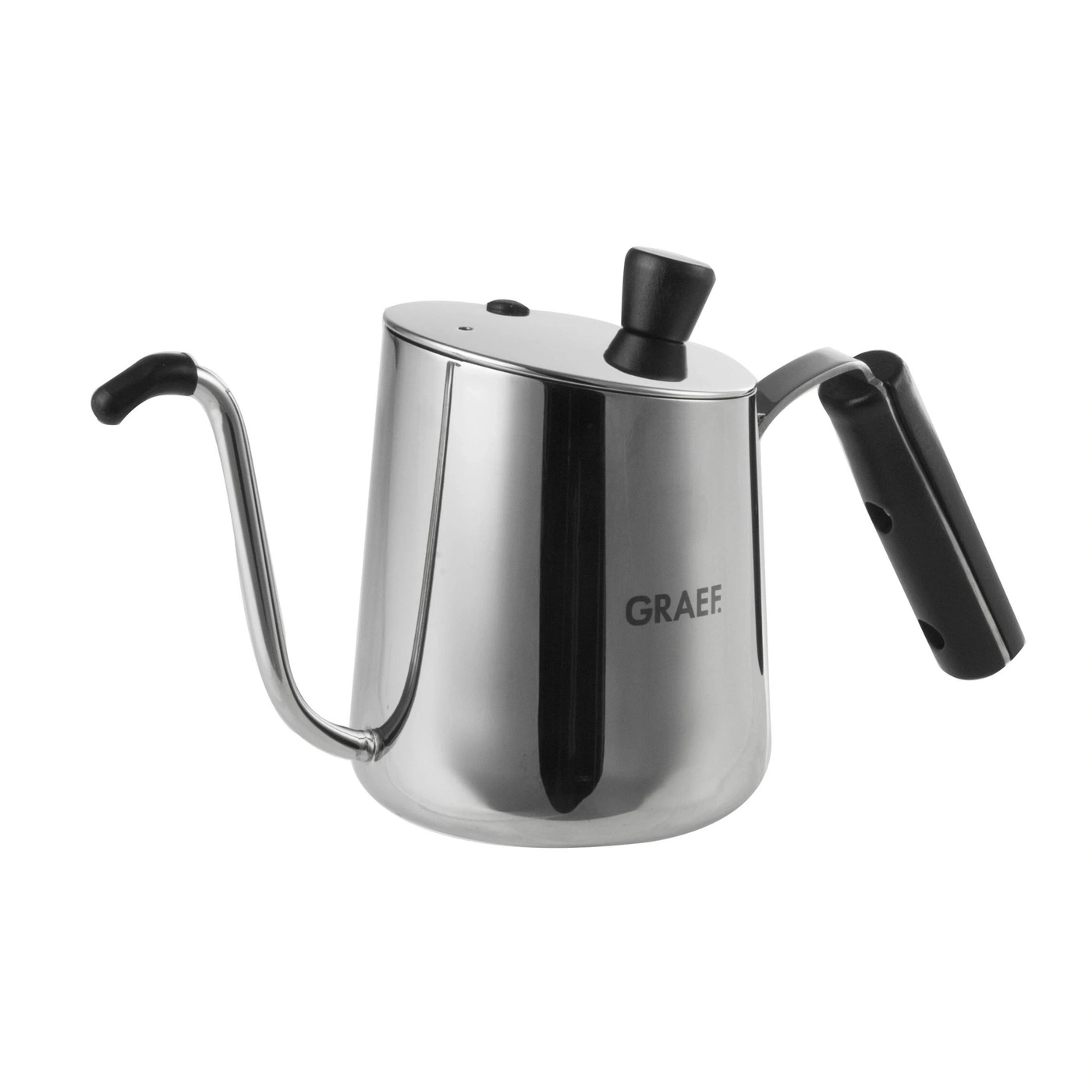 Stainless steel gooseneck kettle with black handle and spout, GRAEF logo