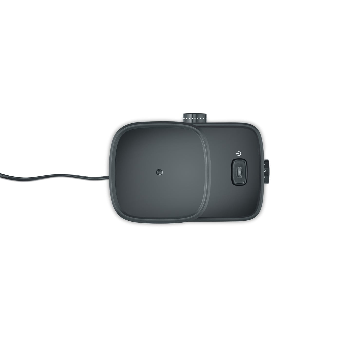 Dunkelgraues Gerät mit Knöpfen und Kabel auf weißem Hintergrund.