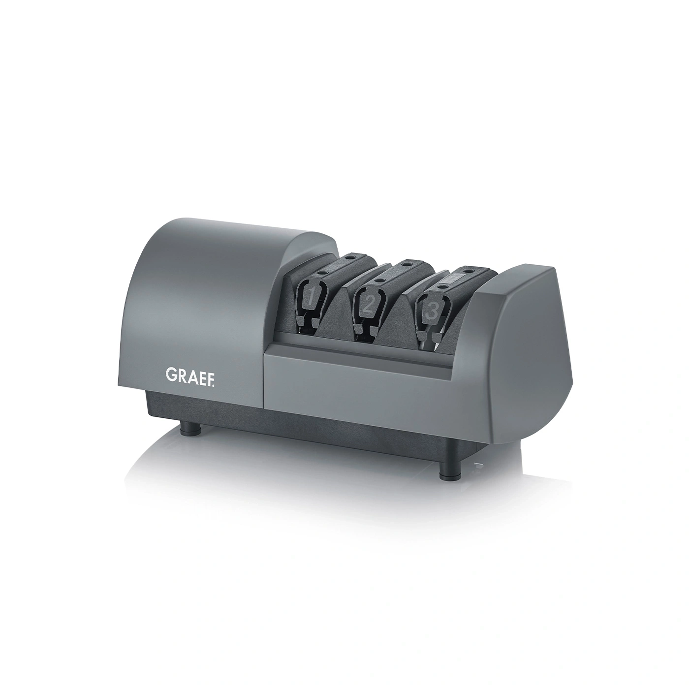 Gray Graef knife sharpener with three sharpening slots for sharp knives.