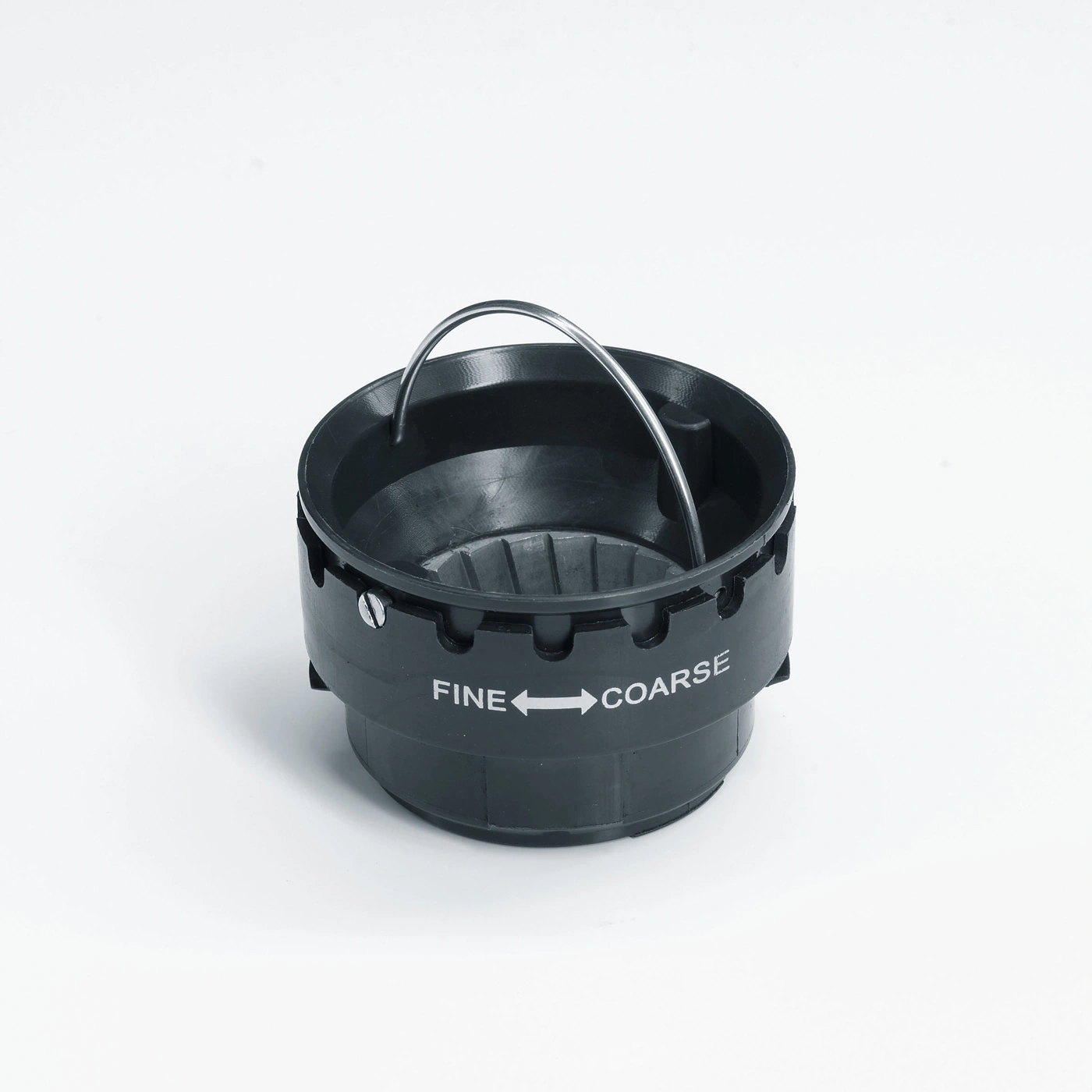 Black coffee filter with handle, fine and coarse settings.