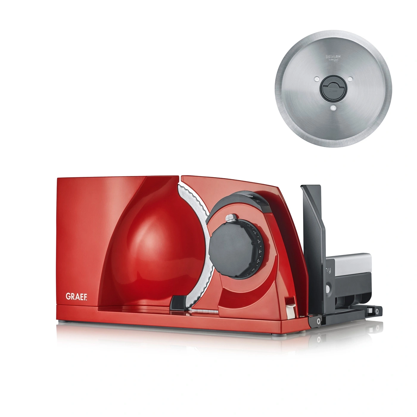 Red slicer machine with blade and accessories, GRAEF brand, close-up shot