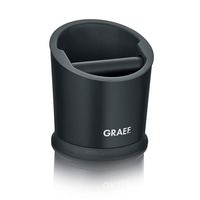 Schwarzer Abklopfbehälter mit GRAEF-Logo und Stange für Kaffeesatz.