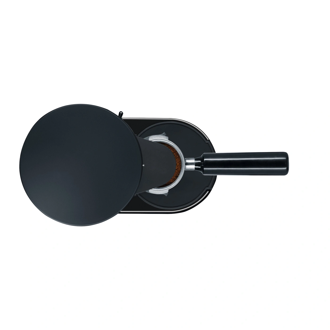 Coffee machine with portafilter and lid, top view, black, isolated