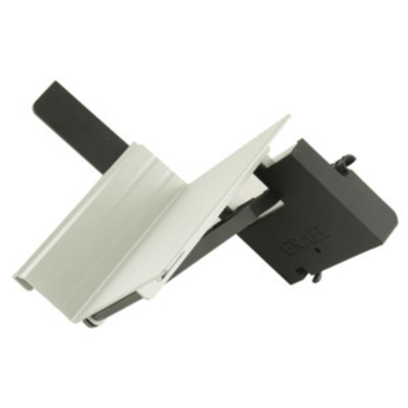 Weißes und schwarzes Metallteil, das an einem anderen Teil befestigt ist.