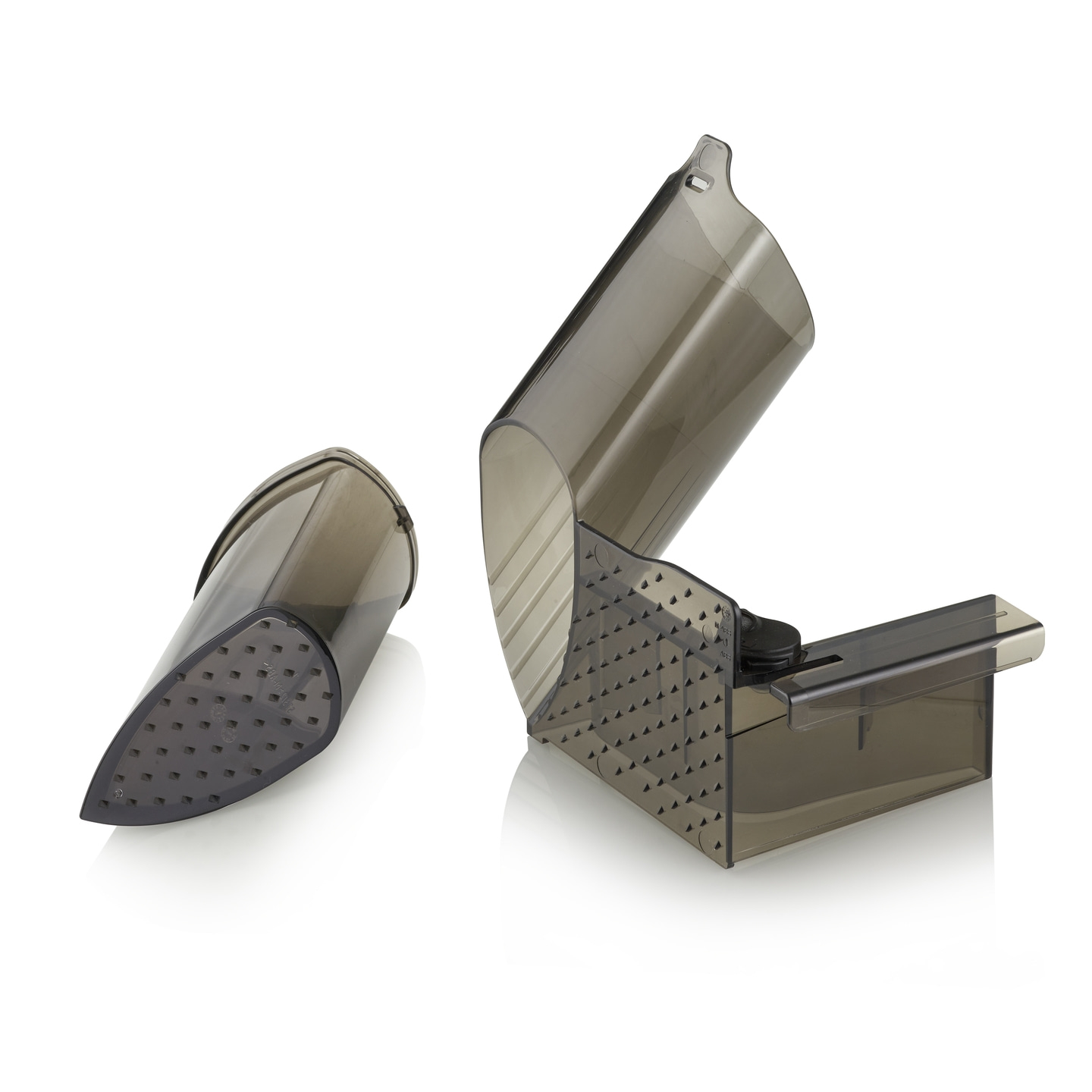 Transparente Kunststoff-Falle, offen und geschlossen, auf weißem Hintergrund.