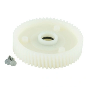White plastic gear with screws, for mechanical devices, close-up shot.