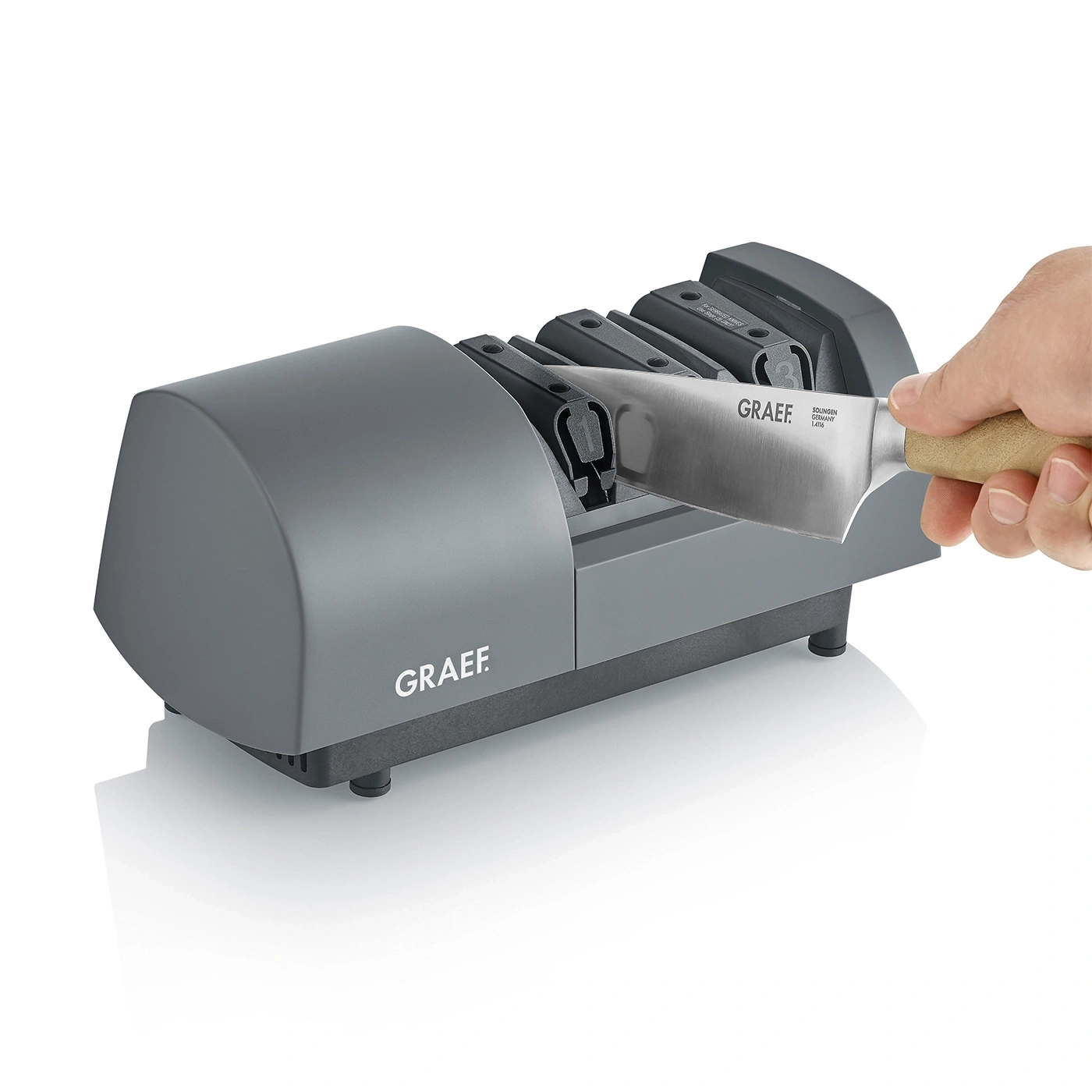 Graef knife sharpener, knife, hand, sharpening, kitchen tool, gray, stainless steel