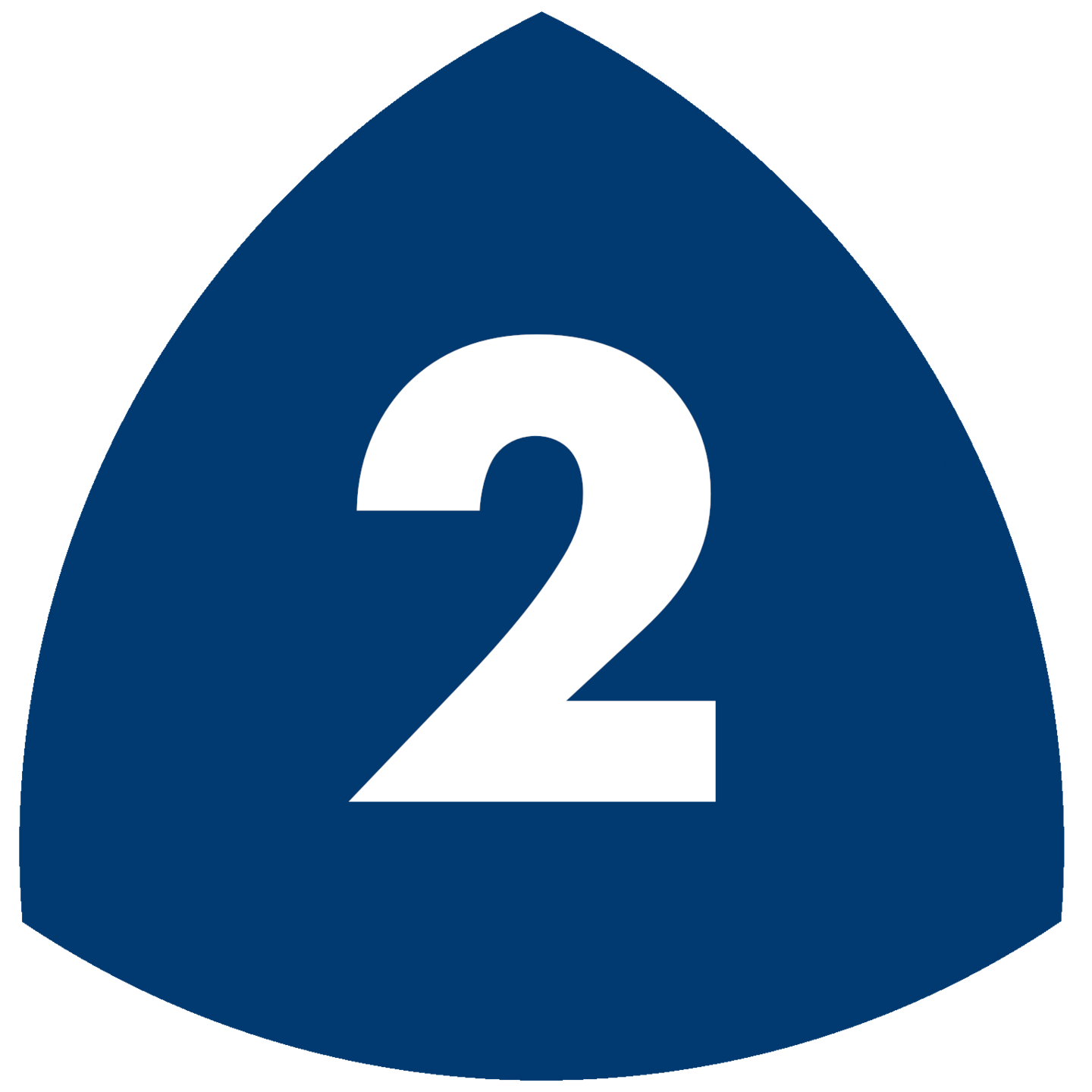Blaues Dreieck mit weißer Zahl 2, Autobahnschild, Verkehrsschild, Nummer zwei