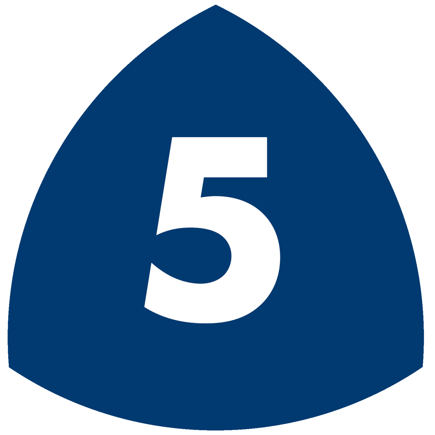 Blaues Dreieck mit weißer Zahl 5, Autobahnschild, Straßenmarkierung, Verkehrsschild