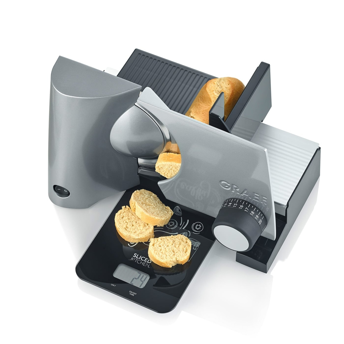 Graef bread slicer with bread and scale, grey color, close-up shot of the machine