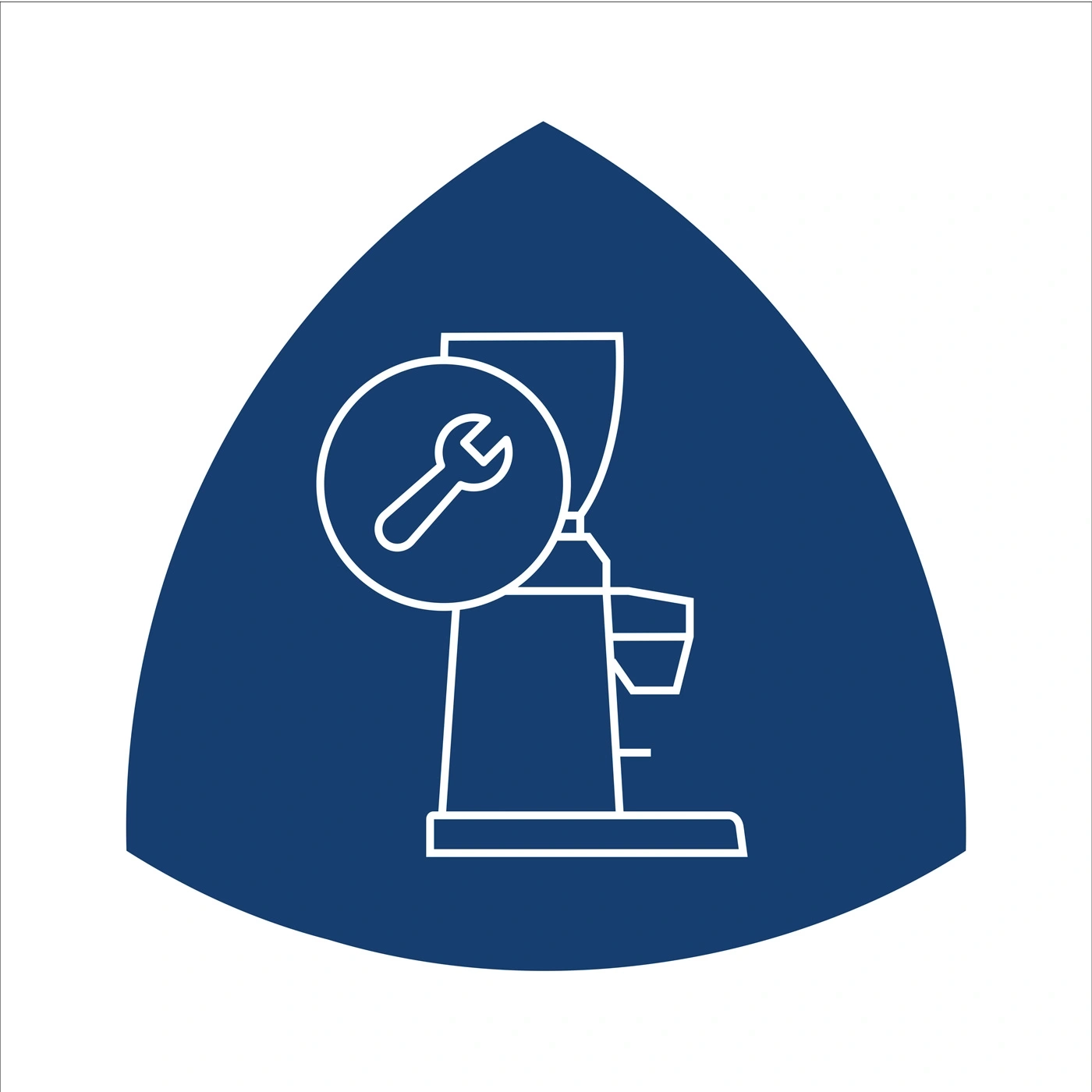 Repair symbol, coffee machine, wrench, blue triangle, white background