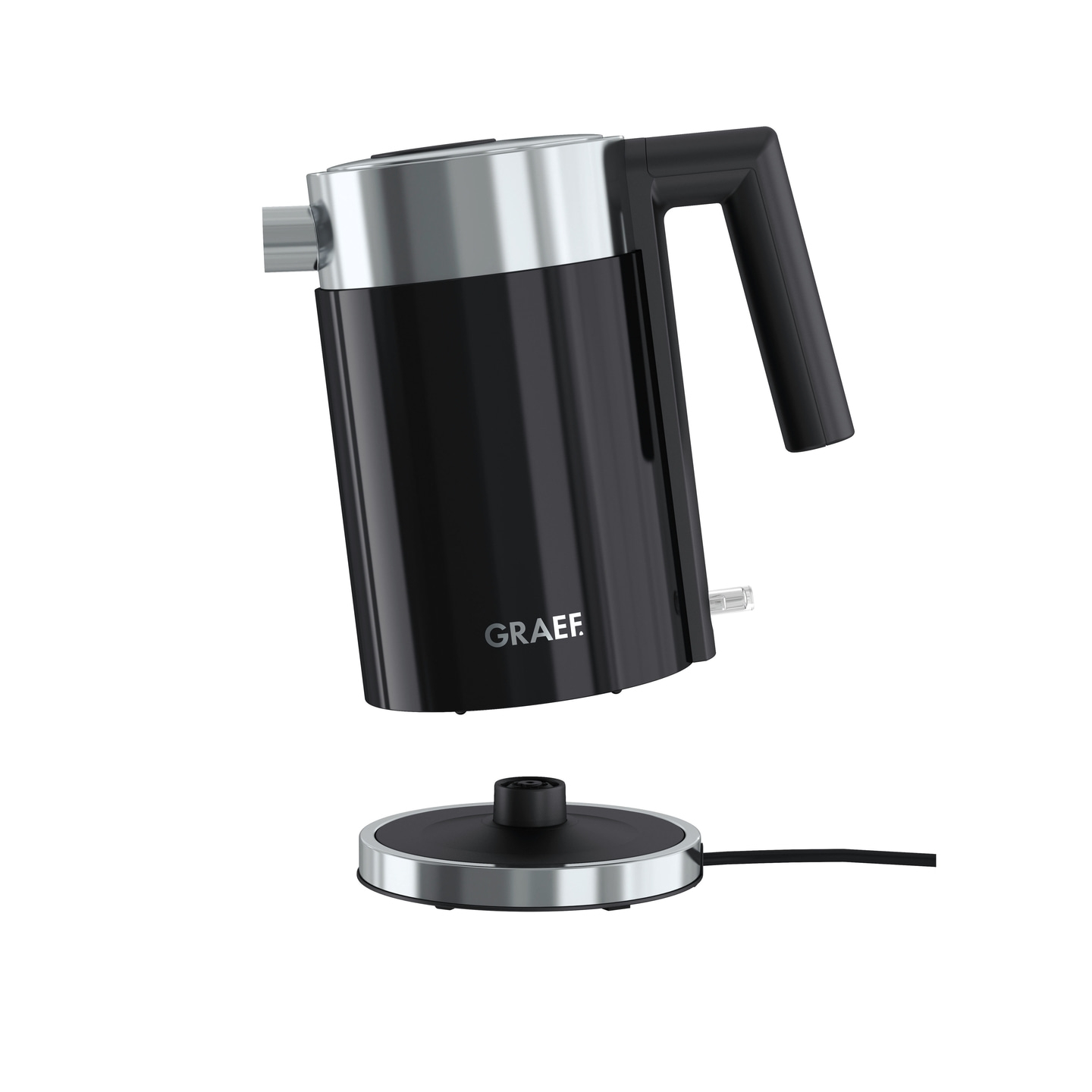 Schwarzer Wasserkocher mit silbernen Akzenten und separater Basis, GRAEF-Logo.