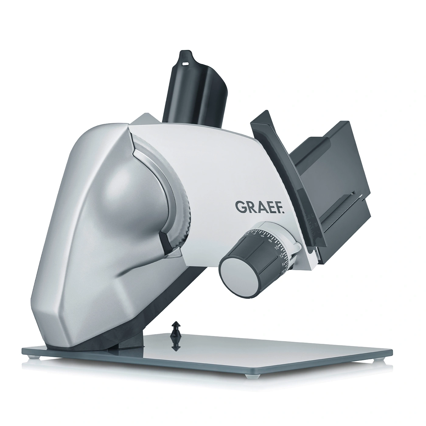 Graef slicer, silver and white, with adjustment wheel and cutting device, isolated