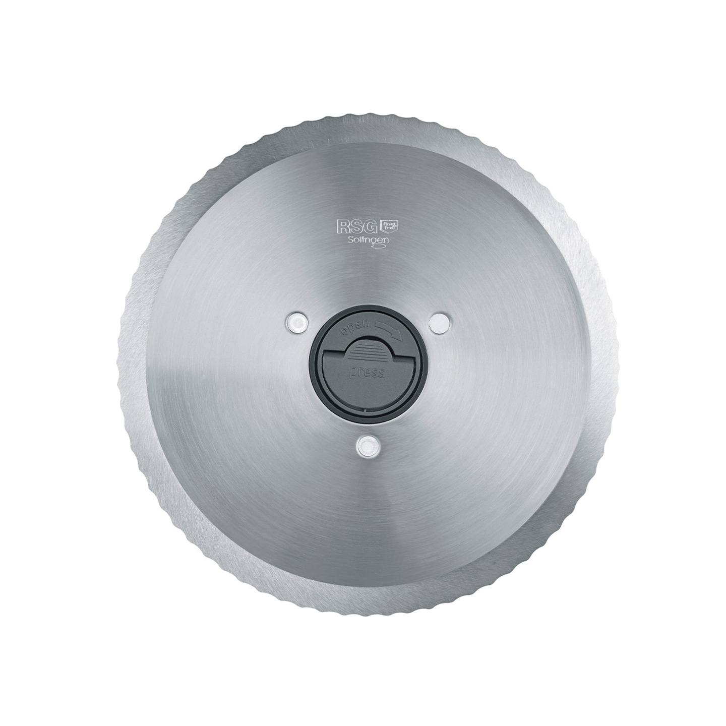 Kreismesser mit gezahntem Rand und schwarzem Knopf in der Mitte, RSG Solingen