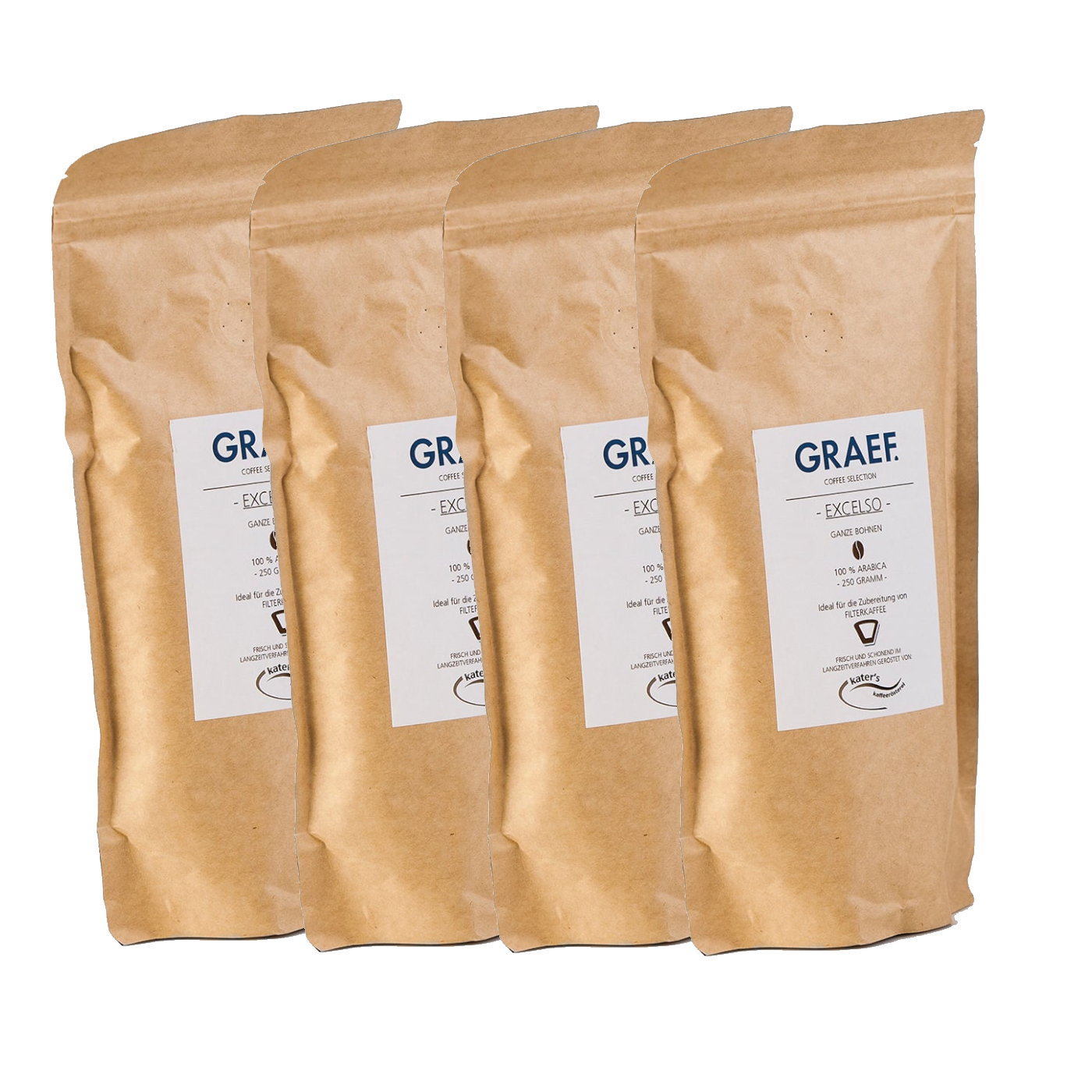 Four coffee bags with GRAEF, Excelso, Whole Beans, 250g, Arabica written on them