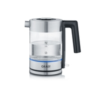 Elektrischer Wasserkocher aus Glas und Edelstahl mit Griff und GRAEF-Logo