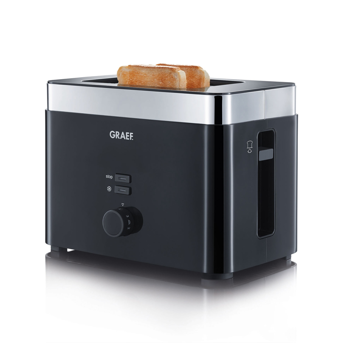 Schwarzer Toaster mit Toastbrot, Marke GRAEF, mit Knöpfen und Drehregler.