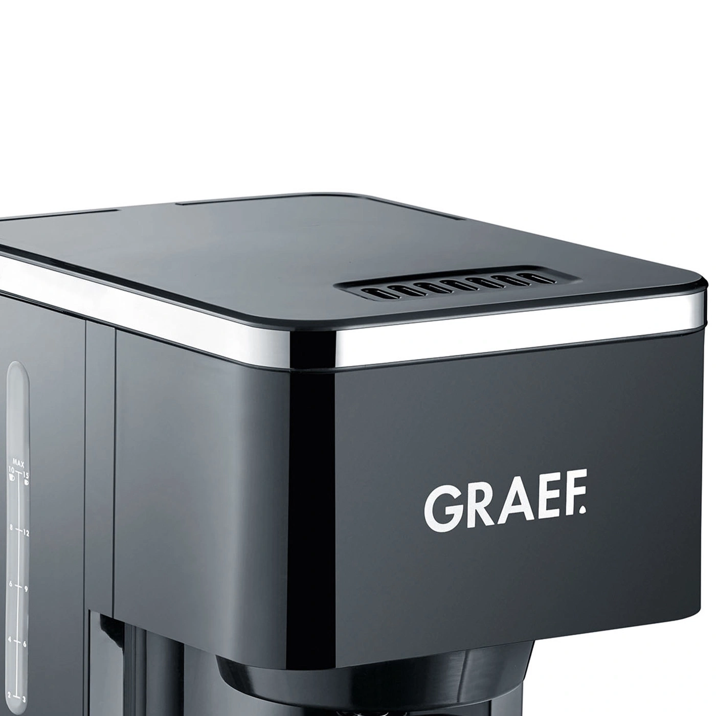 Black coffee machine with the inscription GRAEF and a water tank on the side.