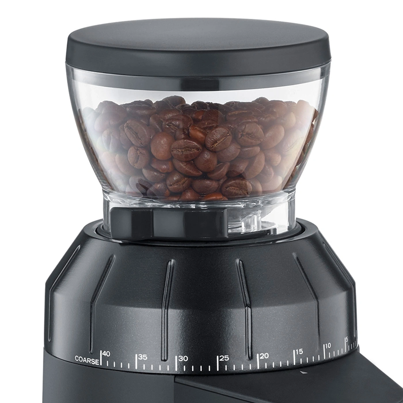 Coffee grinder with beans, black, adjustable grind, detail shot, close-up
