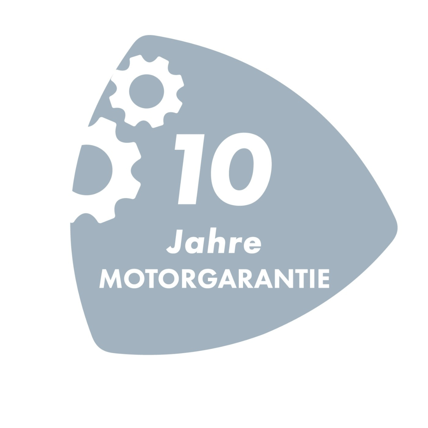 10 Jahre Motorgarantie, zwei Zahnräder, graue Fläche, weißer Text