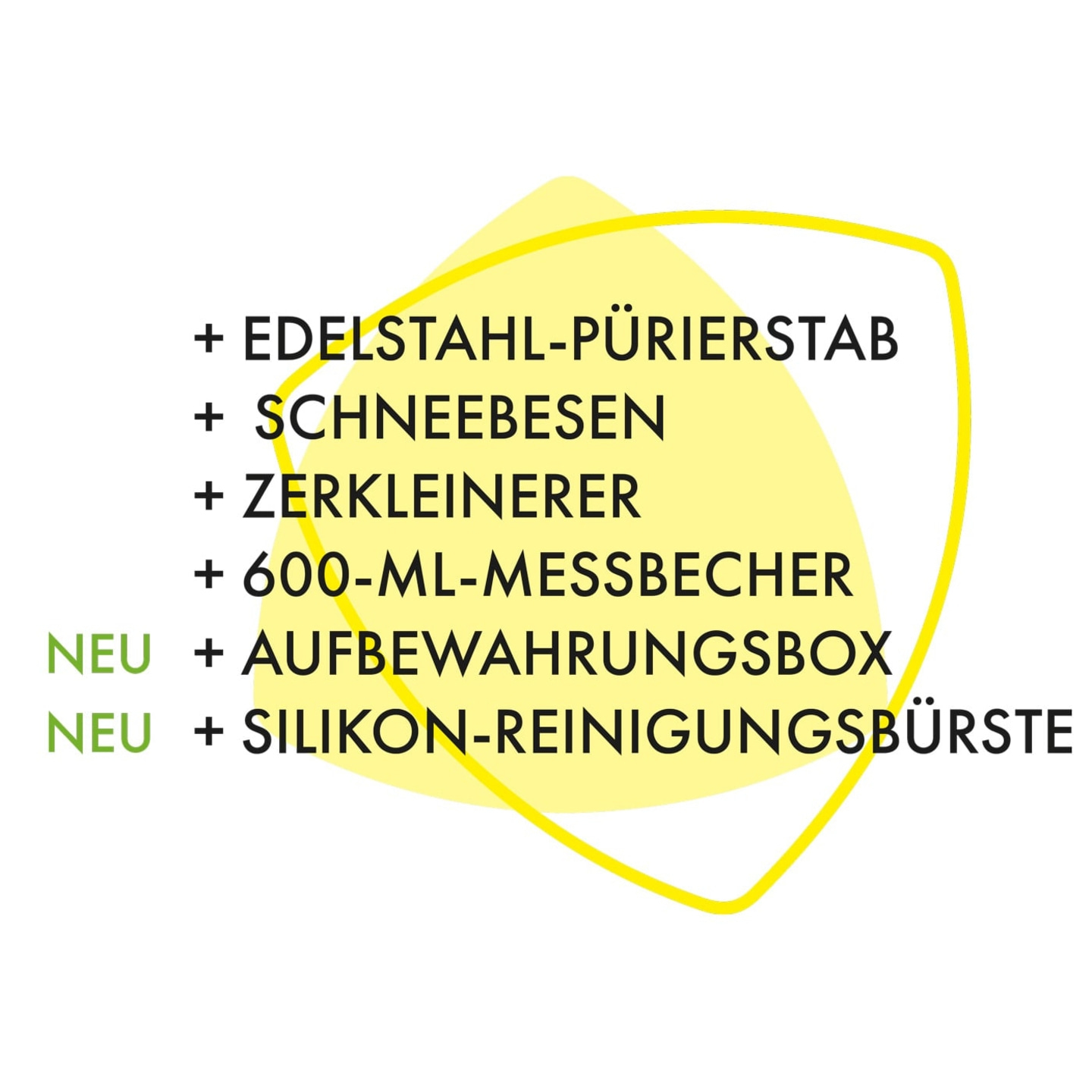 Edelstahl-Pürierstab, Schneebesen, Zerkleinerer, Messbecher, Aufbewahrungsbox, Reinigungsbürste