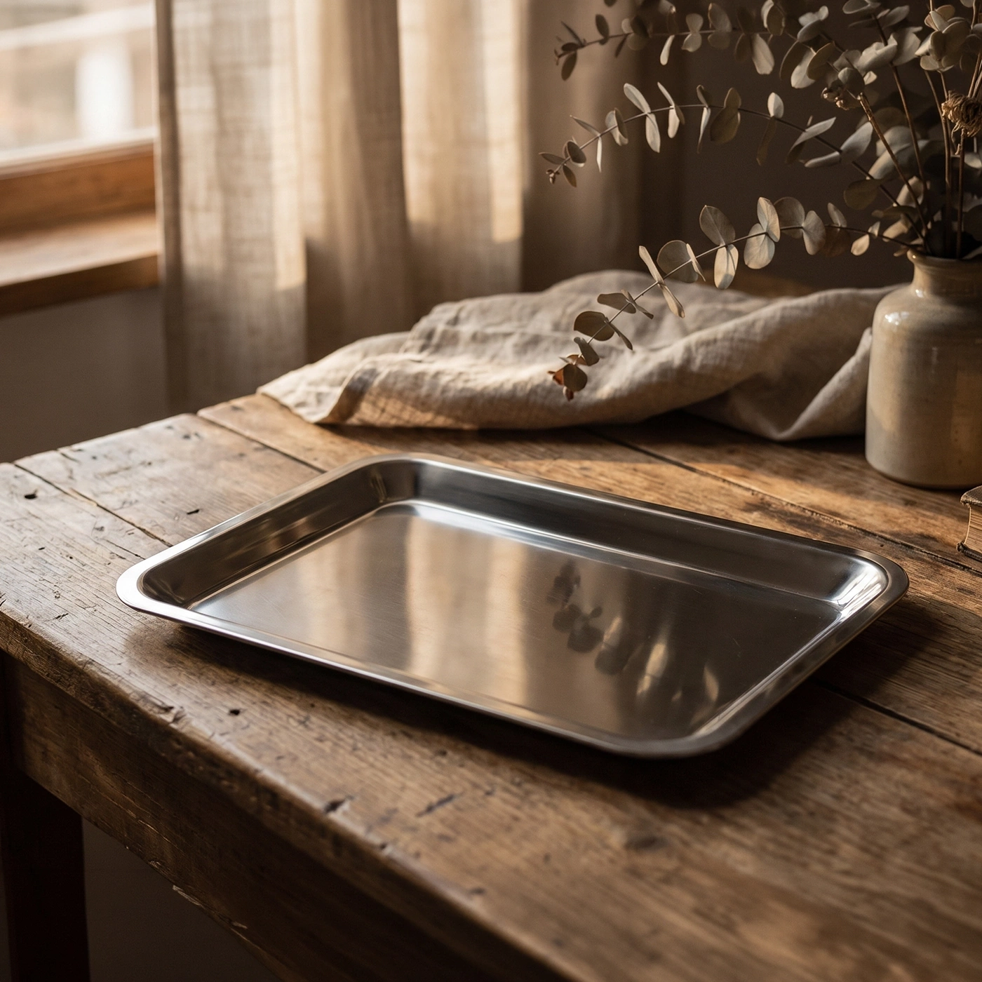 A rectangular, empty metal tray on a rustic wooden table.