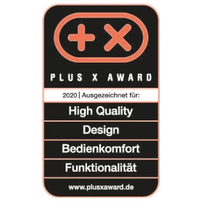 Plus X Award 2020 Auszeichnung für High Quality, Design, Bedienkomfort, Funktionalität