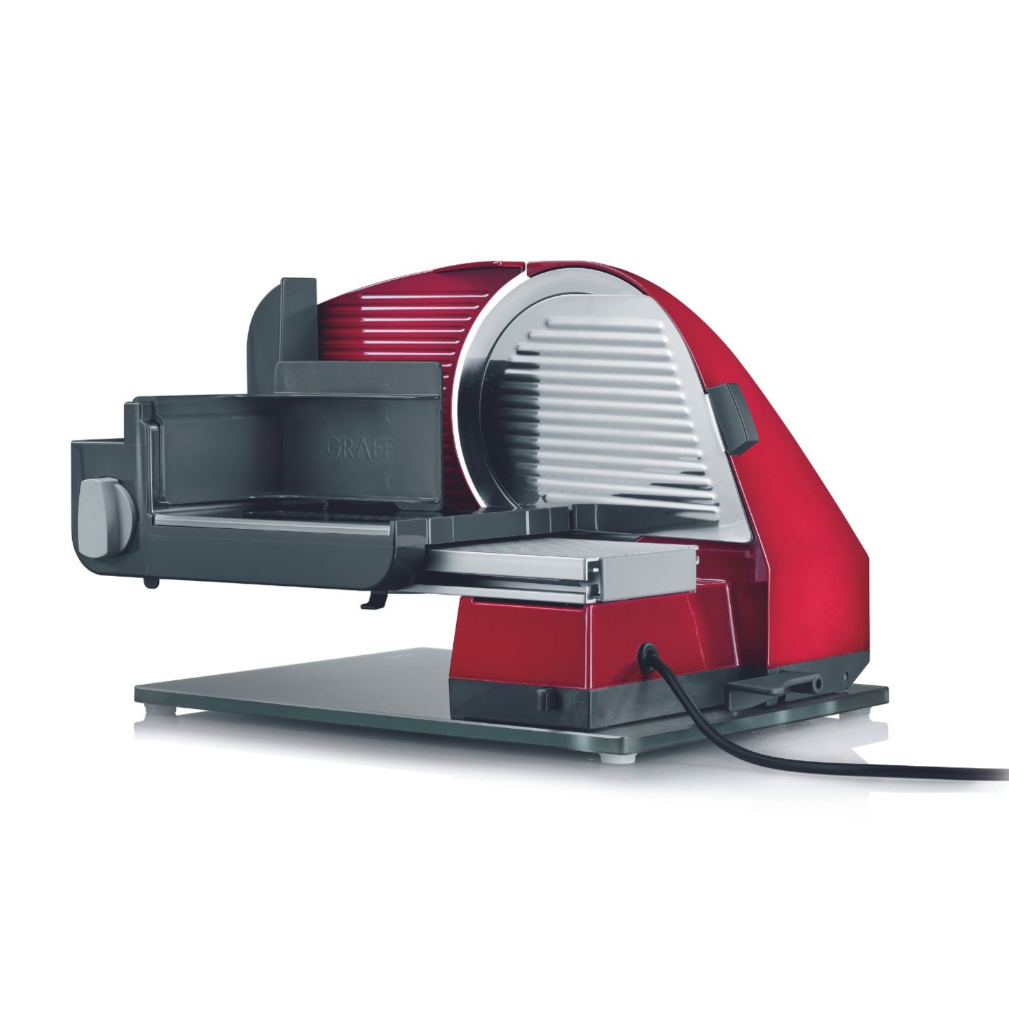 Roter Fleischschneider mit grauen Elementen und Glasplatte, GRAEF-Logo.