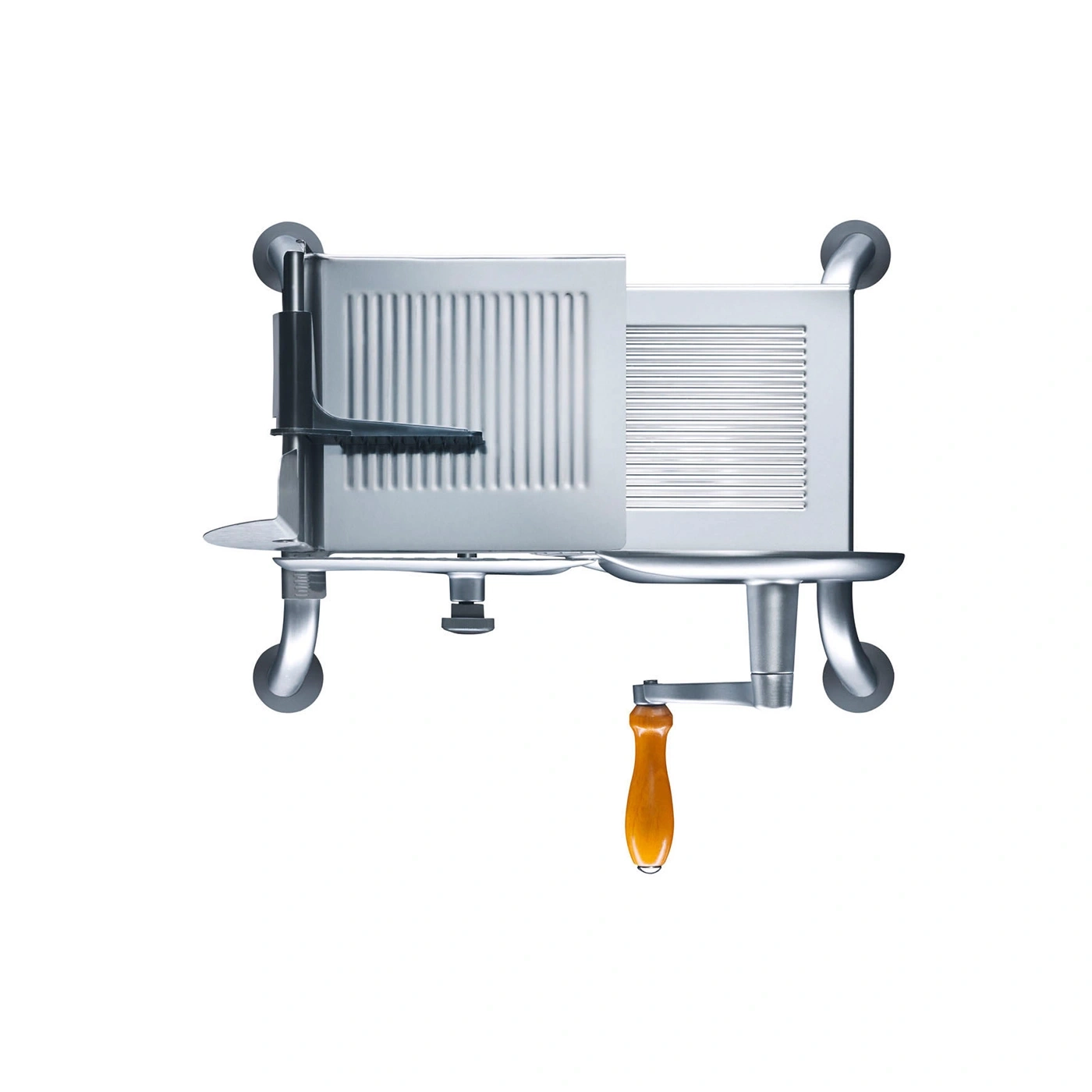A silver slicer with a wooden handle on a white background.