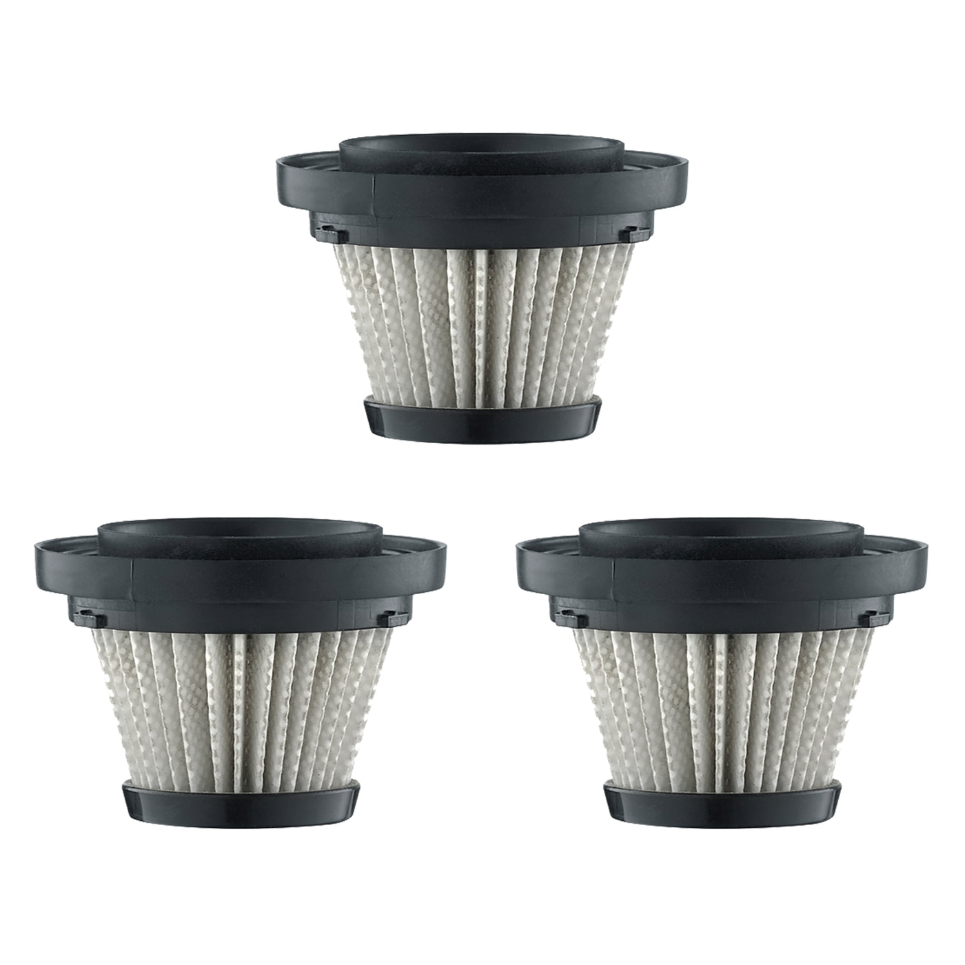 Drei schwarze Staubsaugerfilter auf weißem Hintergrund, sauber und neu