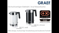 Wasserkocher von Graef, Edelstahl und Acryl, ausgezeichnetes Design, schwarz und weiß.