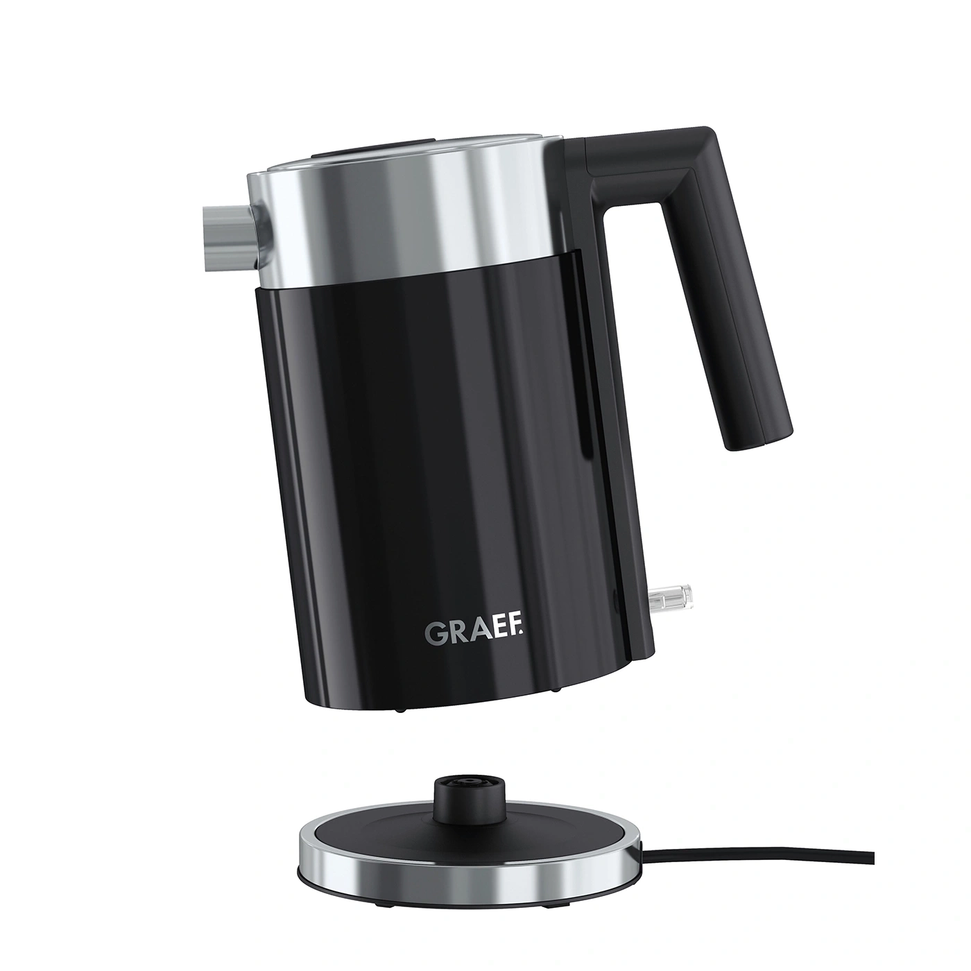Black electric kettle with silver accents and GRAEF logo on a white background.