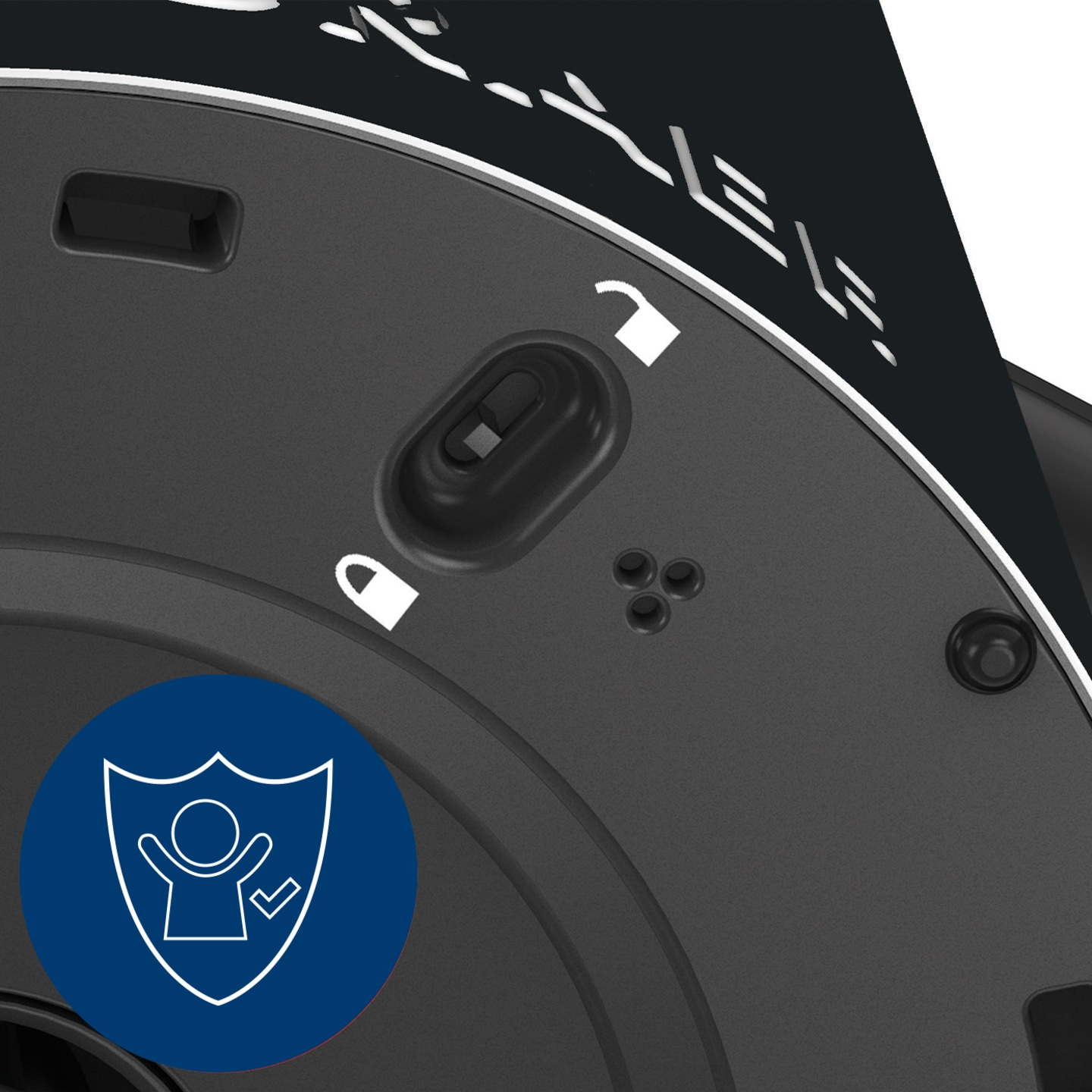 Detailaufnahme eines schwarzen Geräts mit Sicherheitsmerkmalen und Symbolen