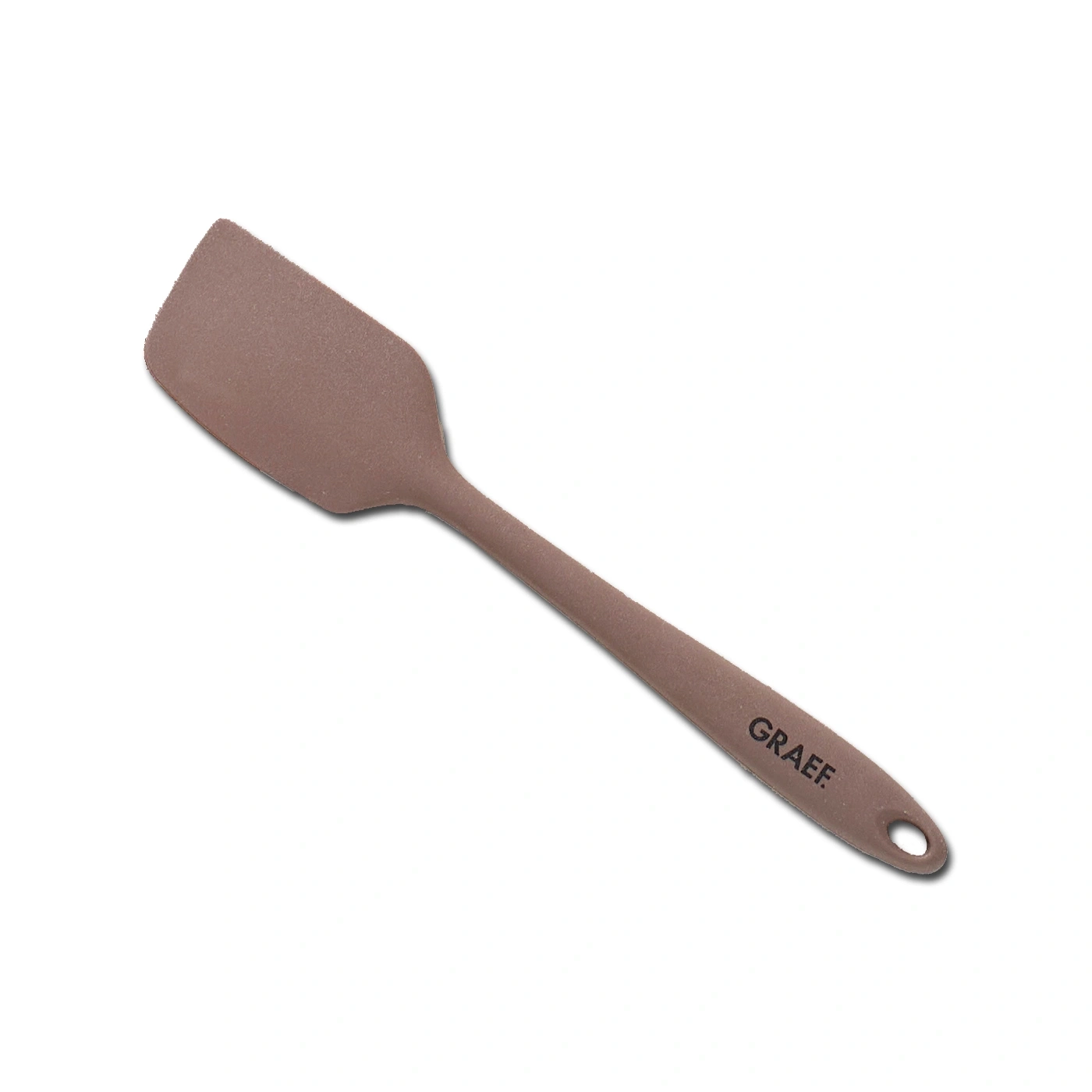A brown silicone spatula with the GRAEF brand name on the handle.