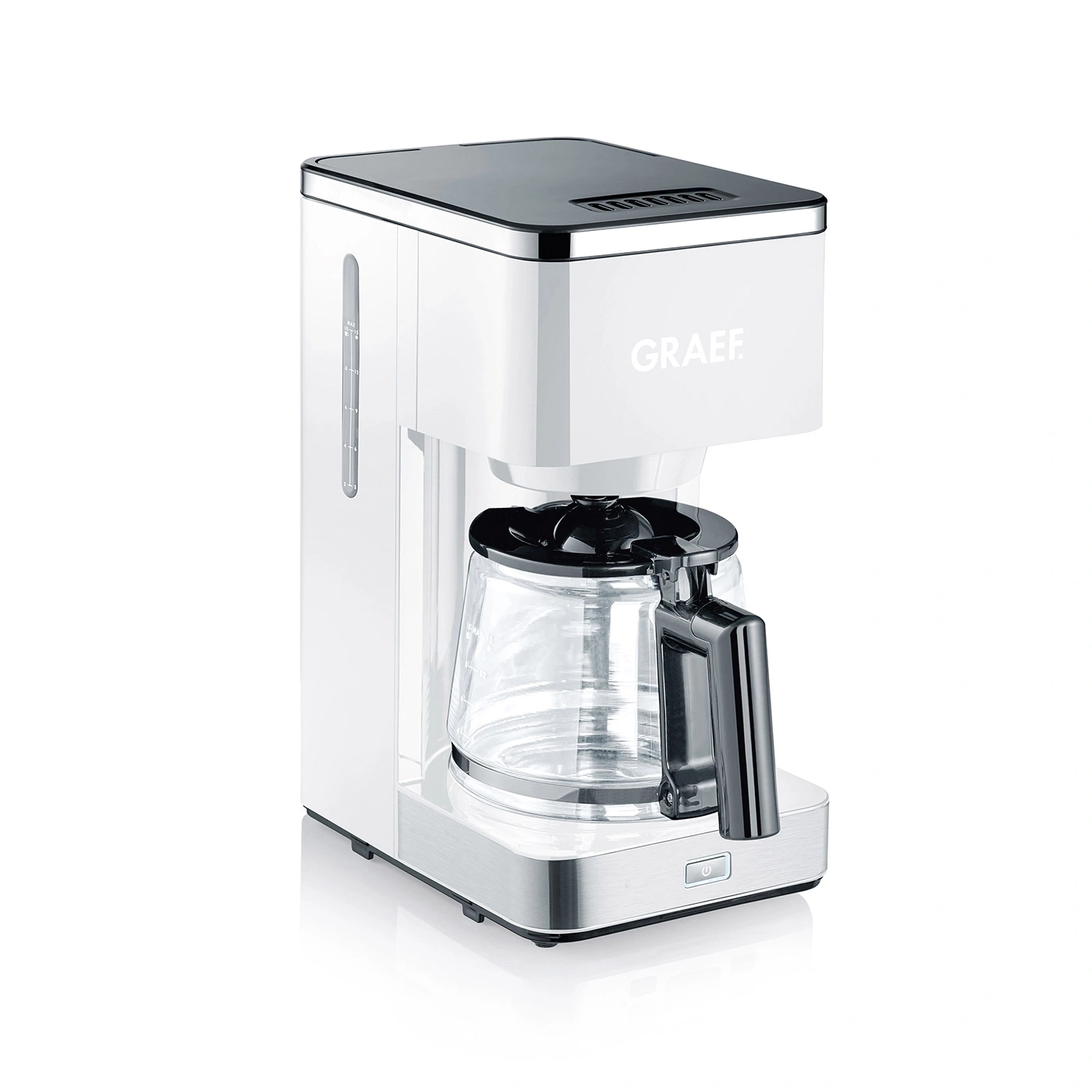 White coffee machine with glass carafe and GRAEF logo, modern design and style.