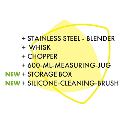 Stainless steel blender, whisk, chopper, measuring jug, storage box, cleaning brush.