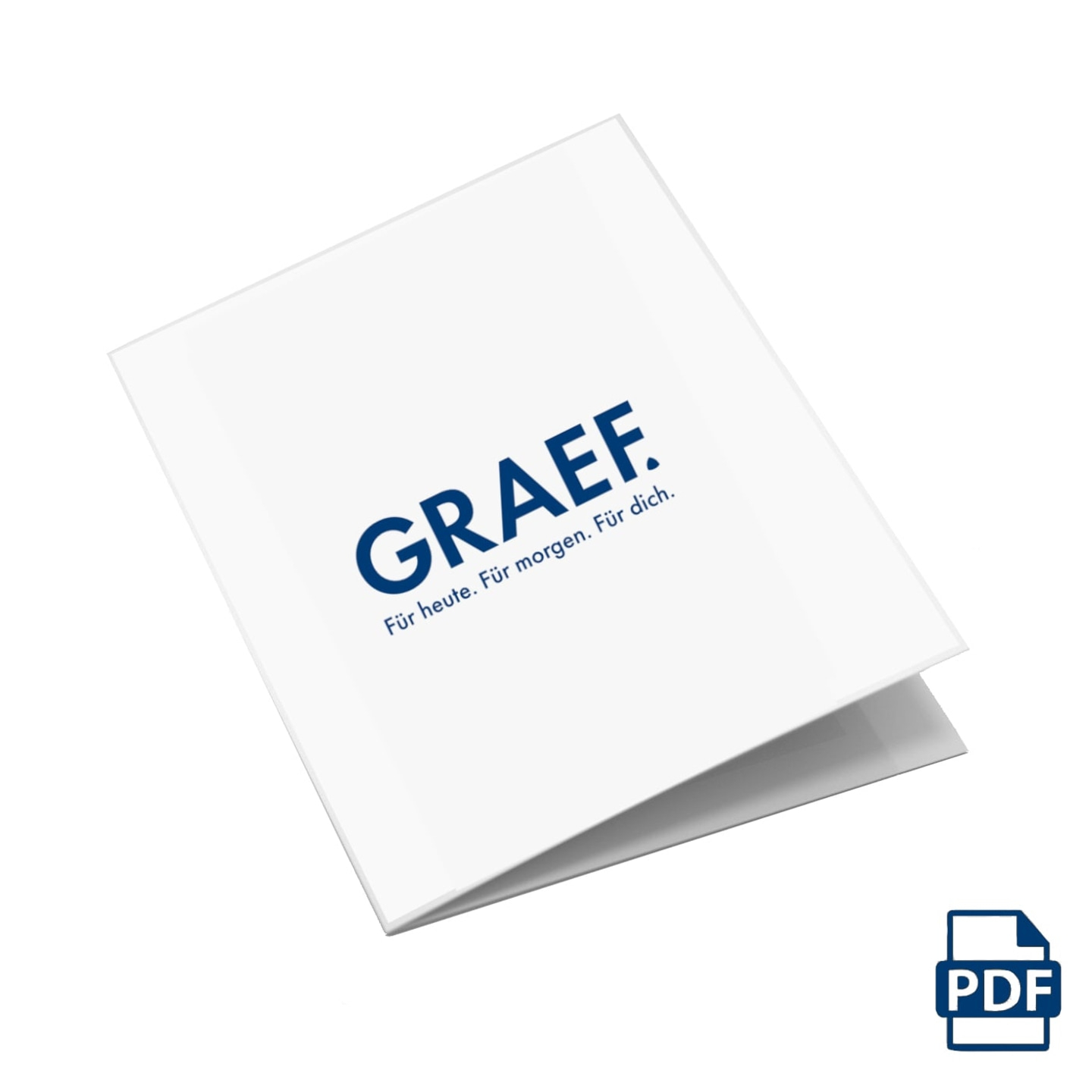 Weißes Dokument mit blauem Text und PDF-Symbol, GRAEF-Logo.