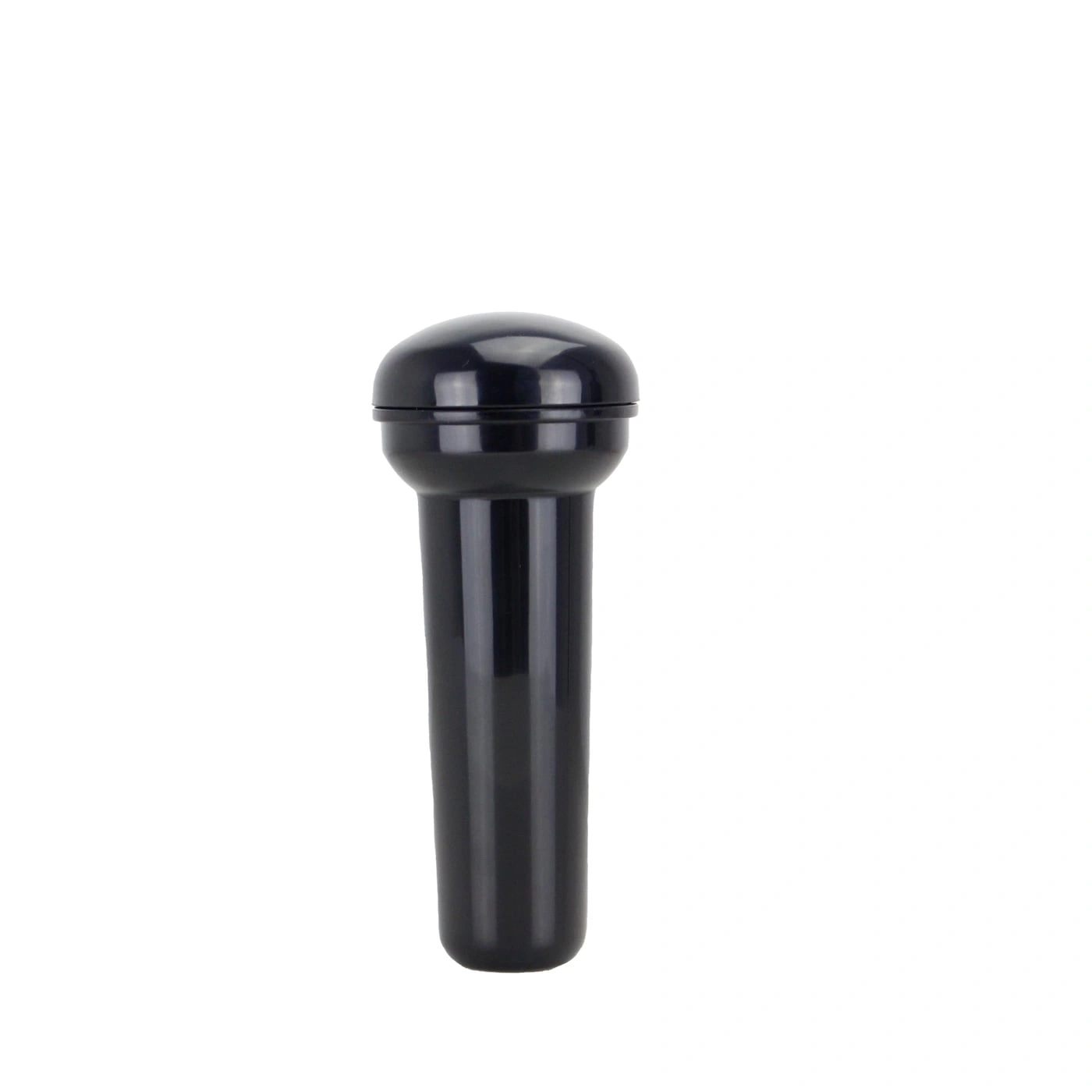Black, shiny object resembling a microphone, set against a white background.
