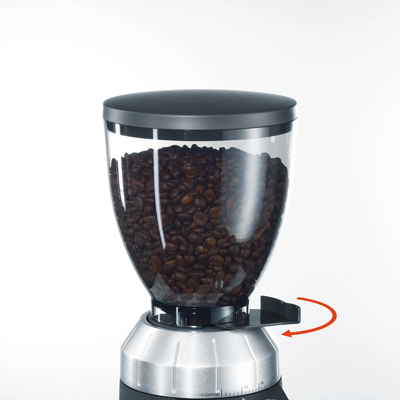 Coffee grinder with bean hopper and grind setting adjustment.